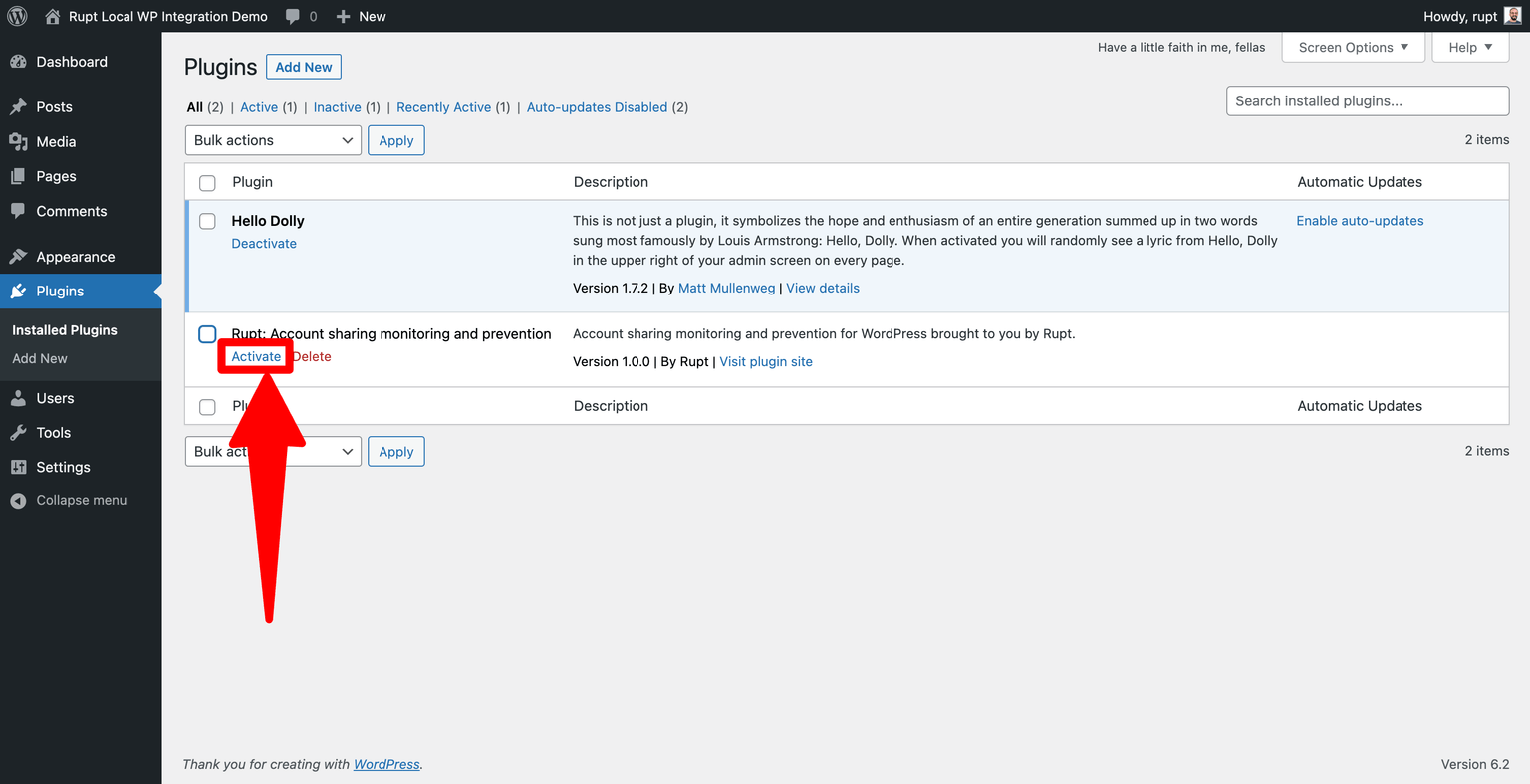 Activate the Rupt WordPress plugin to start preventing password sharing.