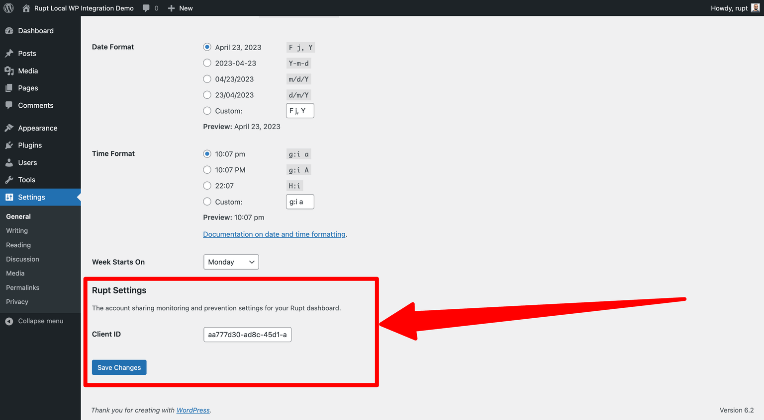 Add plugin settings for Rupt on WordPress.
