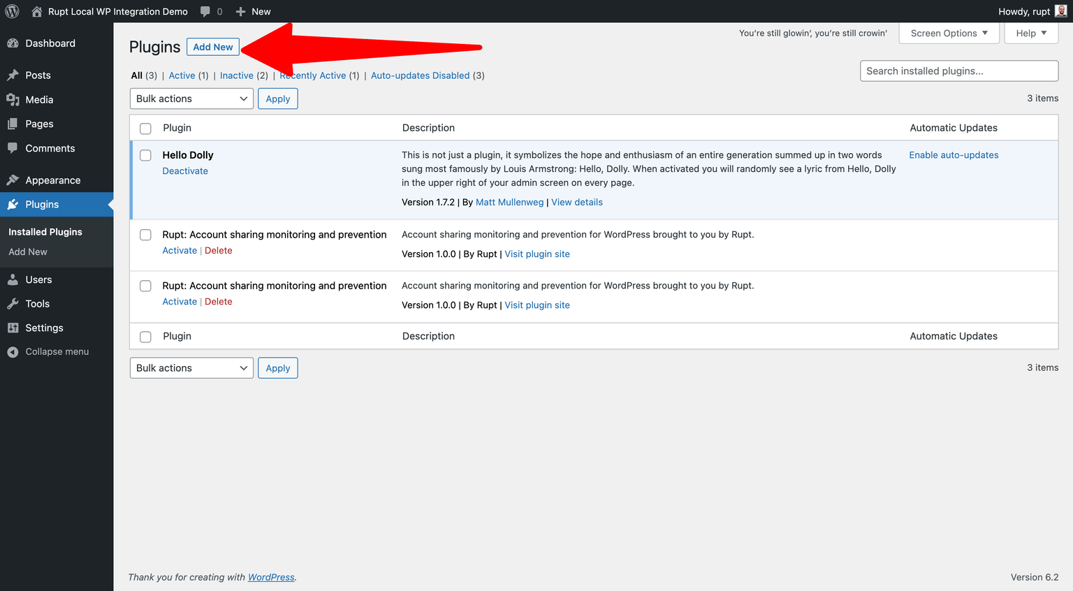 Add a plugin on WordPress plugins page to manually add the Rupt plugin