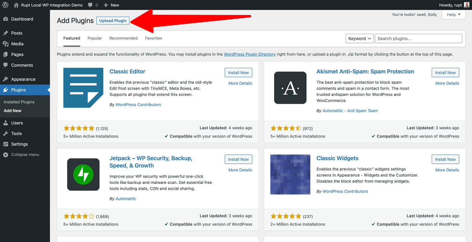 Manually add plugin on WordPress plugins page to upload Rupt plugin file
