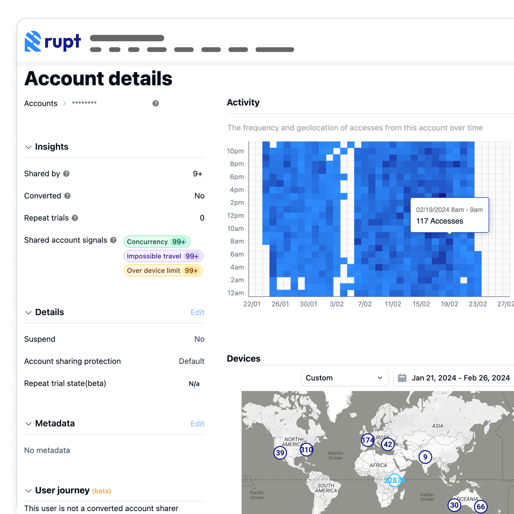 User account sharing activity, security signals, impossible travel and more.