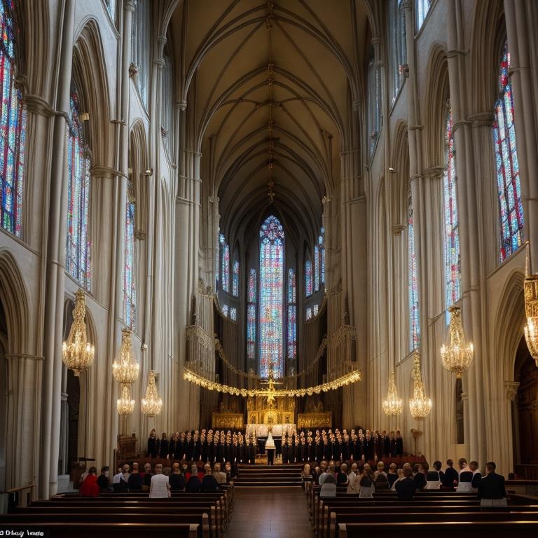 Tall stone arches and stained-glass windows inside a church.
