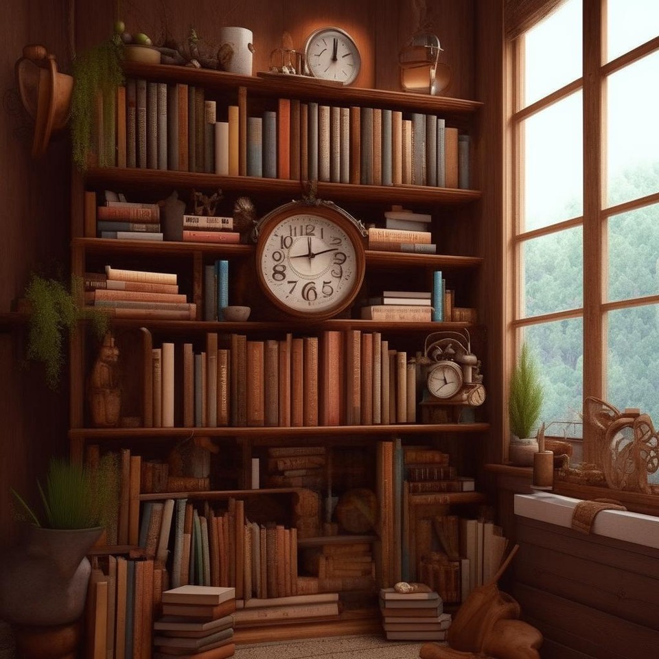 Wooden bookshelves and a clock beside a bright window.