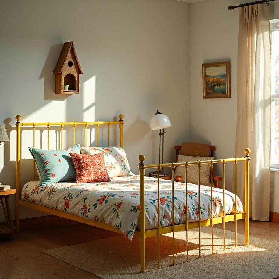 A sunlit bedroom with a yellow bed frame and patterned bedding.